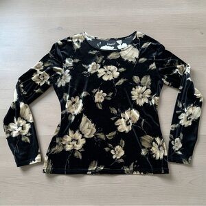 Vintage 90s Rayna Z. Black Velvet Floral Print Whimsygoth Long Sleeve Top